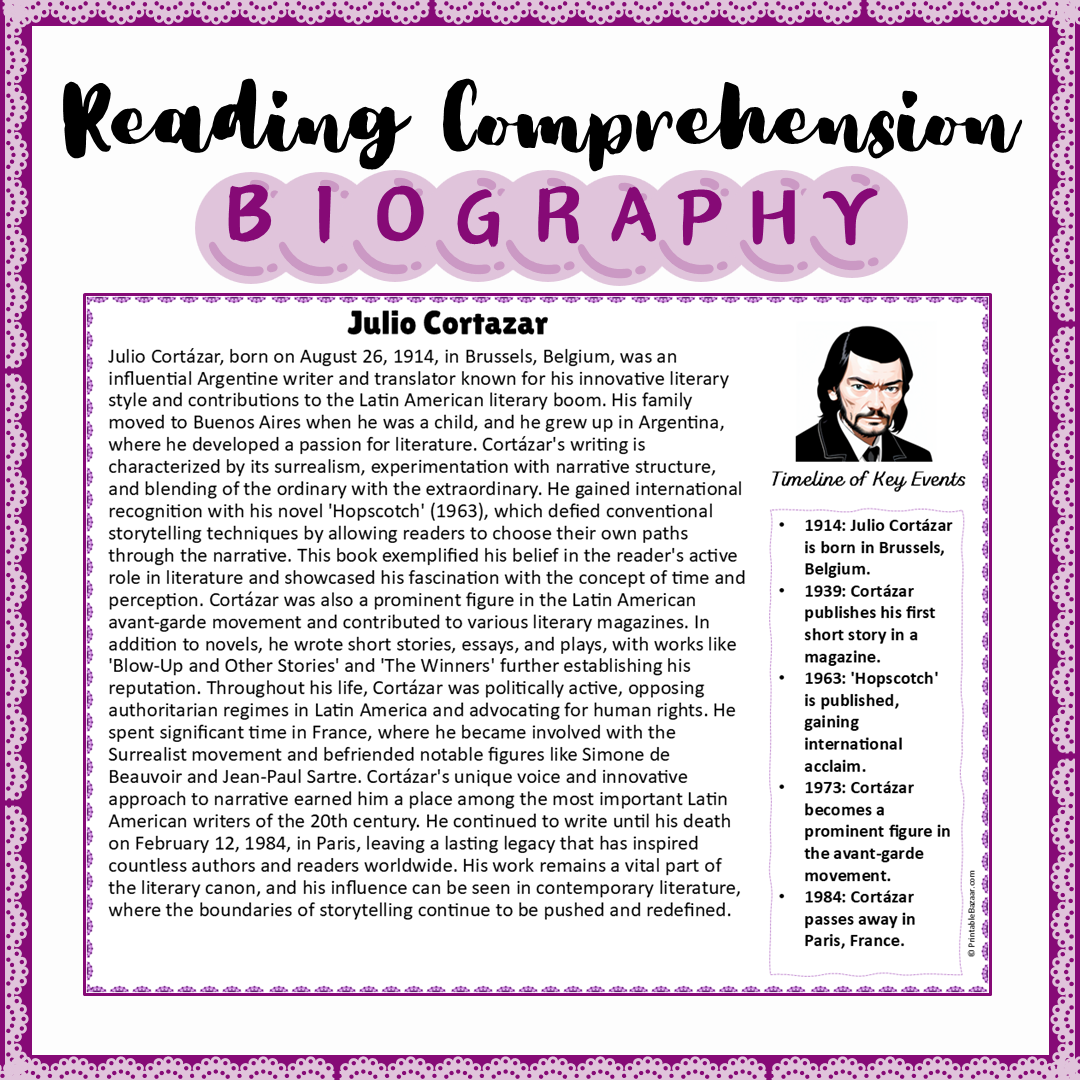 Julio Cortazar | Biography Reading Comprehension and Questions Worksheet