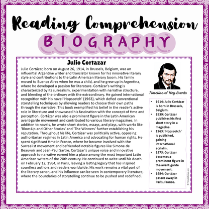 Julio Cortazar | Biography Reading Comprehension and Questions Worksheet