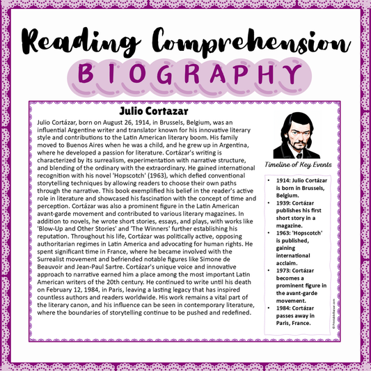 Julio Cortazar | Biography Reading Comprehension and Questions Worksheet