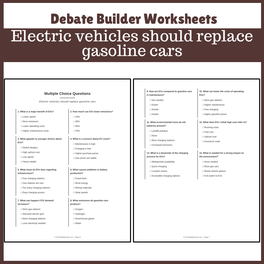 Electric vehicles should replace gasoline cars | Favour and Against Worksheet Printable Activity
