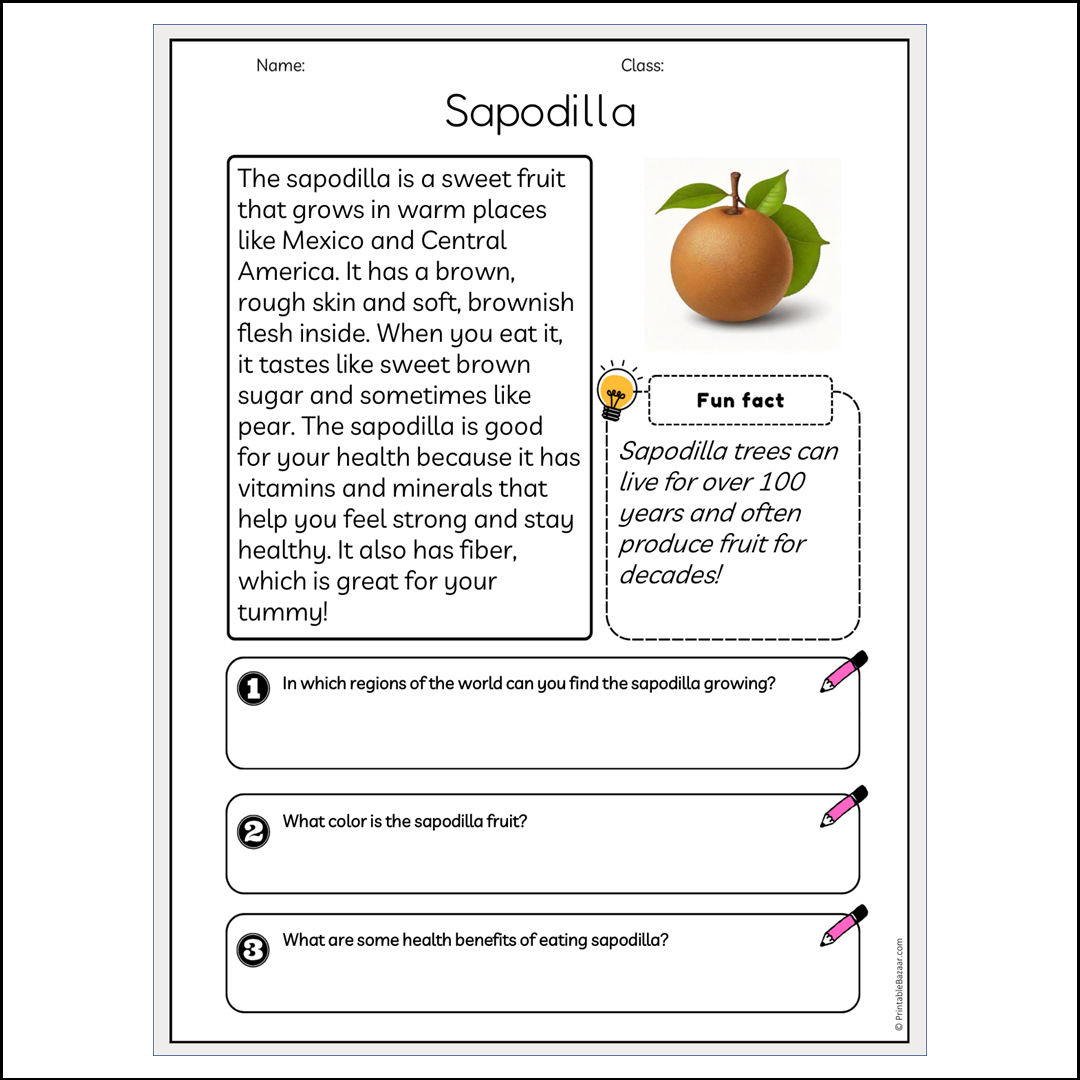 Sapodilla | Reading Passage Comprehension Questions Writing Facts Worksheet