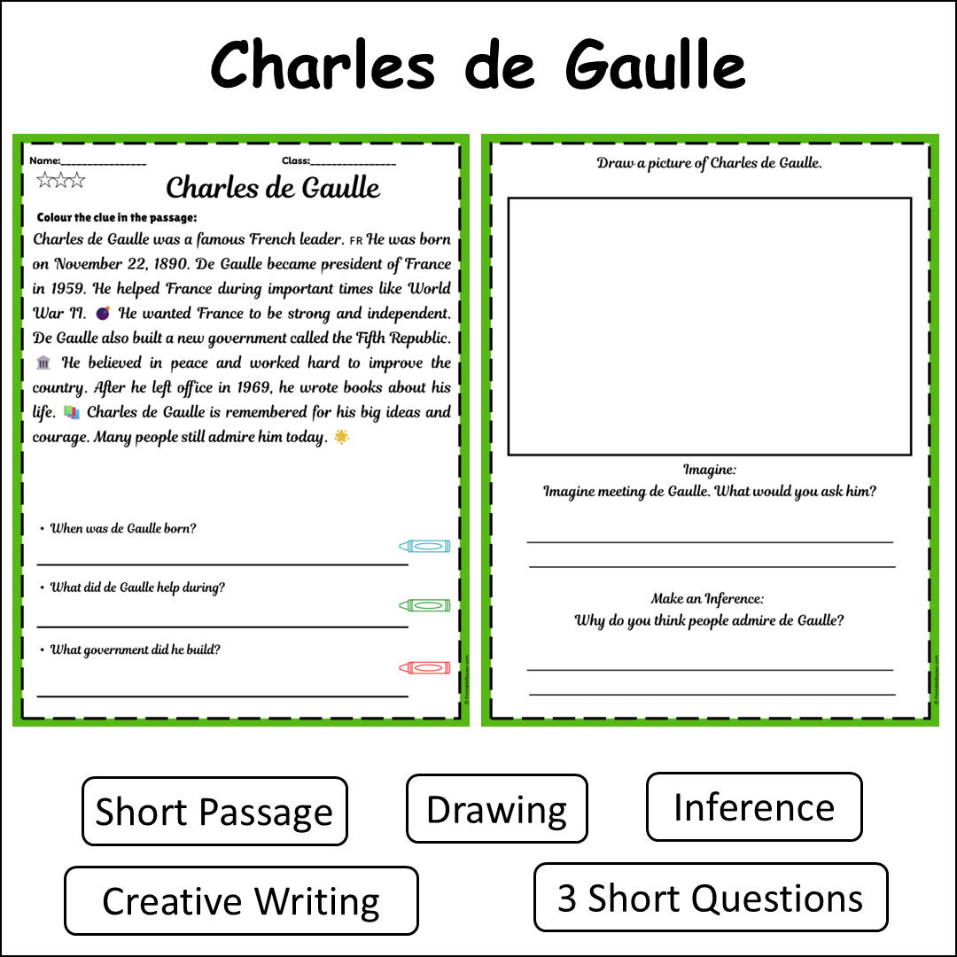 Charles de Gaulle | Short Reading Comprehension Creative Worksheet