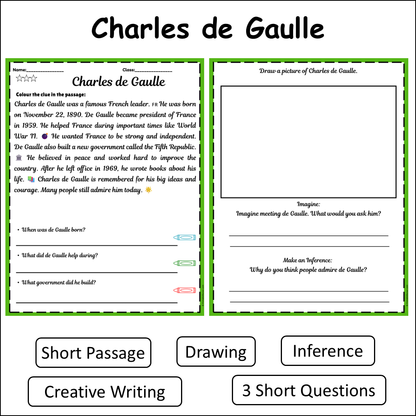 Charles de Gaulle | Short Reading Comprehension Creative Worksheet