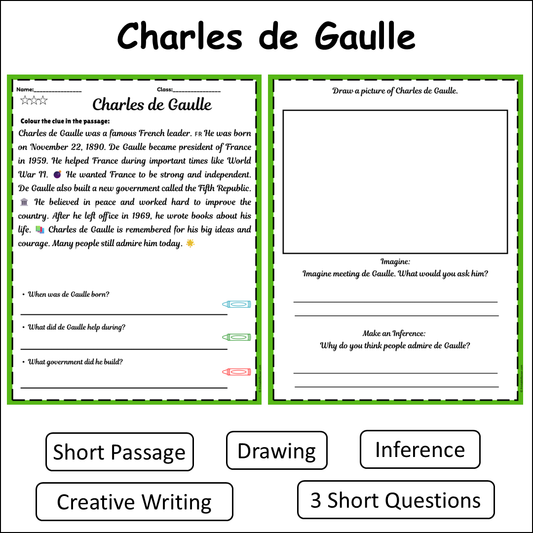 Charles de Gaulle | Short Reading Comprehension Creative Worksheet