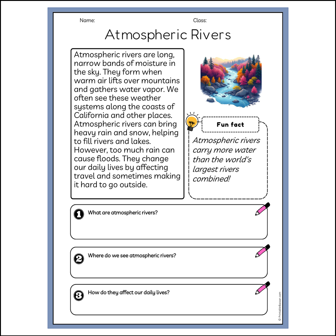 Atmospheric Rivers | Reading Passage Comprehension Questions Writing Facts Worksheet