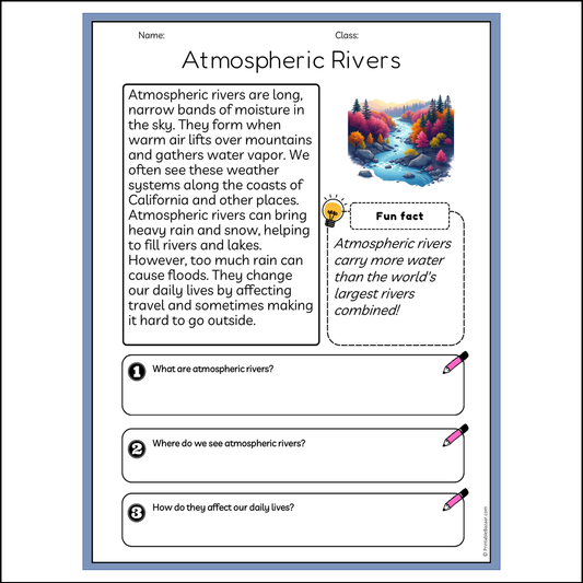 Atmospheric Rivers | Reading Passage Comprehension Questions Writing Facts Worksheet