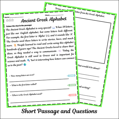 Ancient Greek Alphabet | Short Reading Comprehension Creative Worksheet