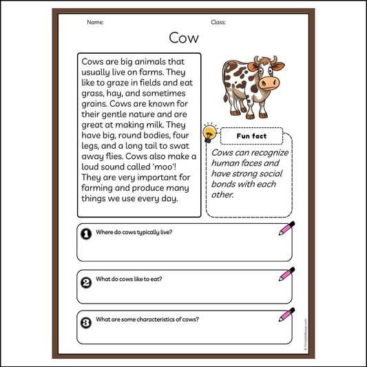 Cow | Reading Passage Comprehension Questions Writing Facts Worksheet