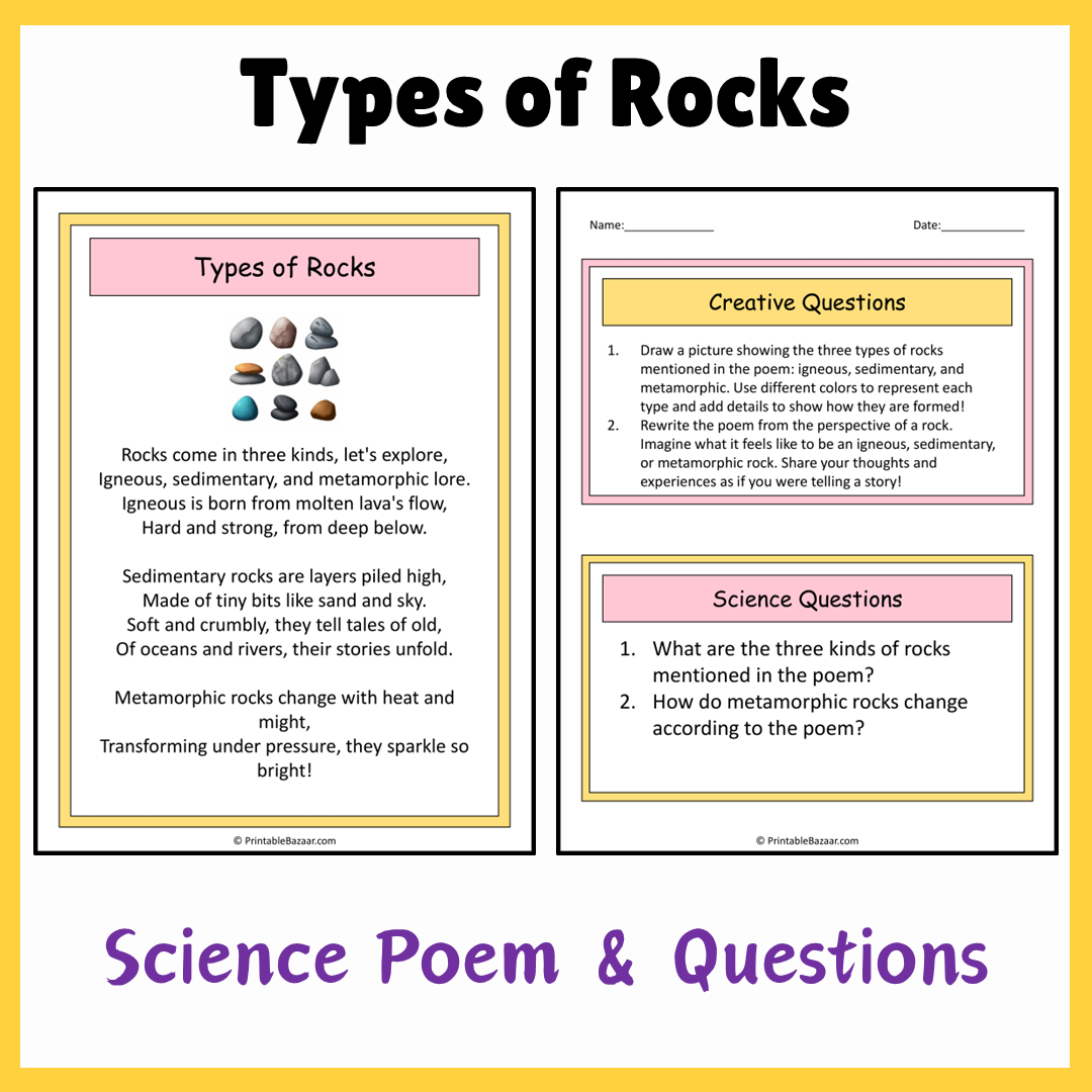 Types of Rocks | Science Poem Reading Comprehension Activity