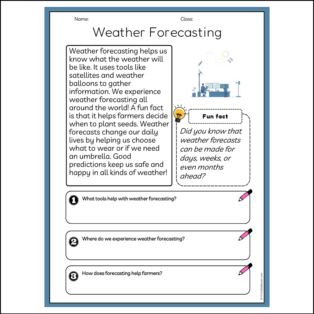 Weather Forecasting | Reading Passage Comprehension Questions Writing Facts Worksheet