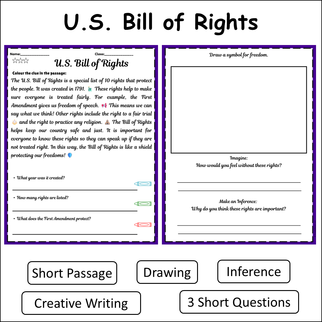 U.S. Bill of Rights | Short Reading Comprehension Creative Worksheet