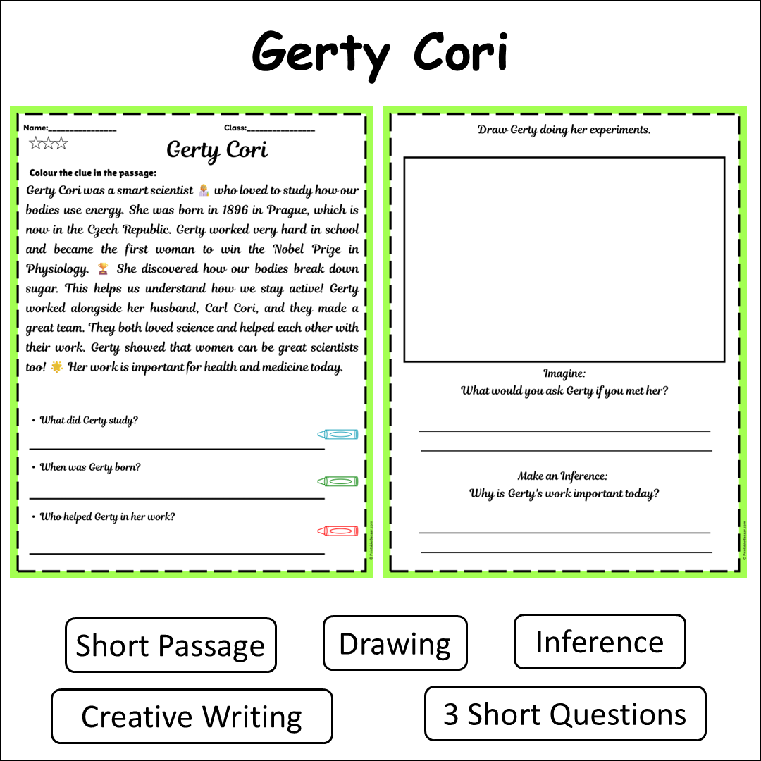 Gerty Cori | Short Reading Comprehension Creative Worksheet