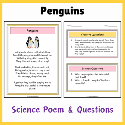 Penguins | Science Poem Reading Comprehension Activity