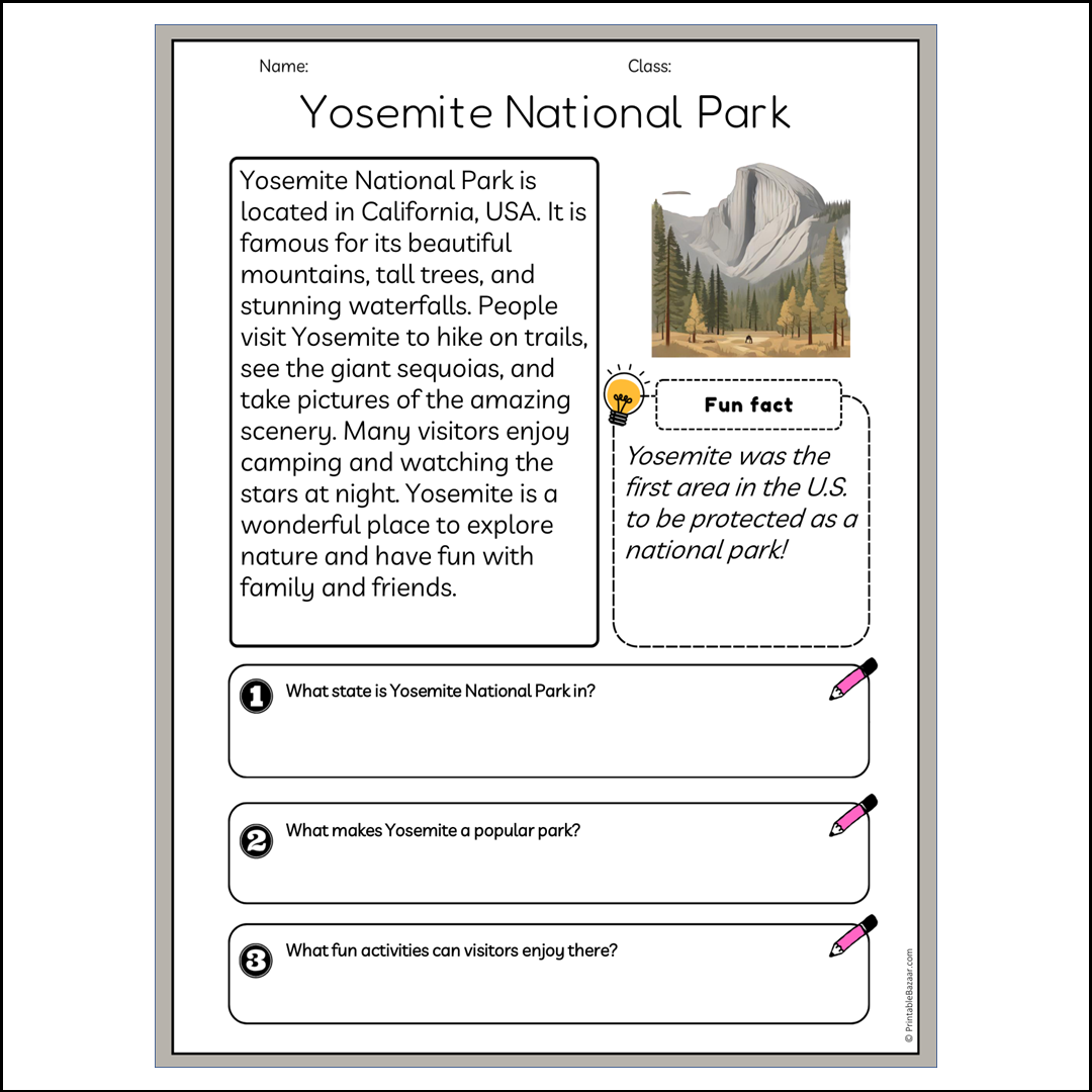 Yosemite National Park | Reading Passage Comprehension Questions Writing Facts Worksheet