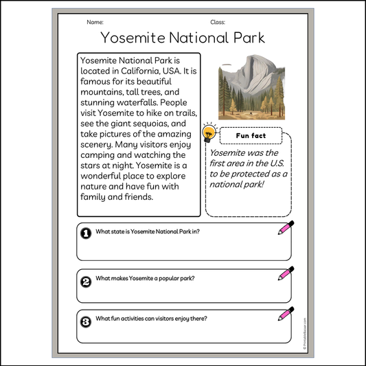 Yosemite National Park | Reading Passage Comprehension Questions Writing Facts Worksheet