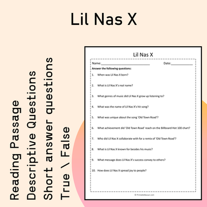 Lil Nas X | Reading Comprehension Passage Printable Activity