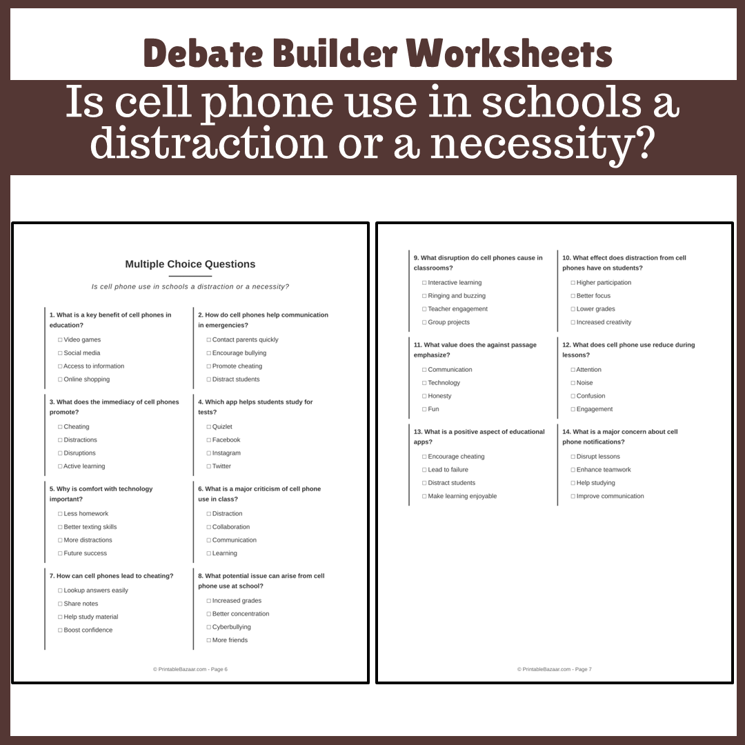Is cell phone use in schools a distraction or a necessity? | Favour and Against Worksheet Printable Activity