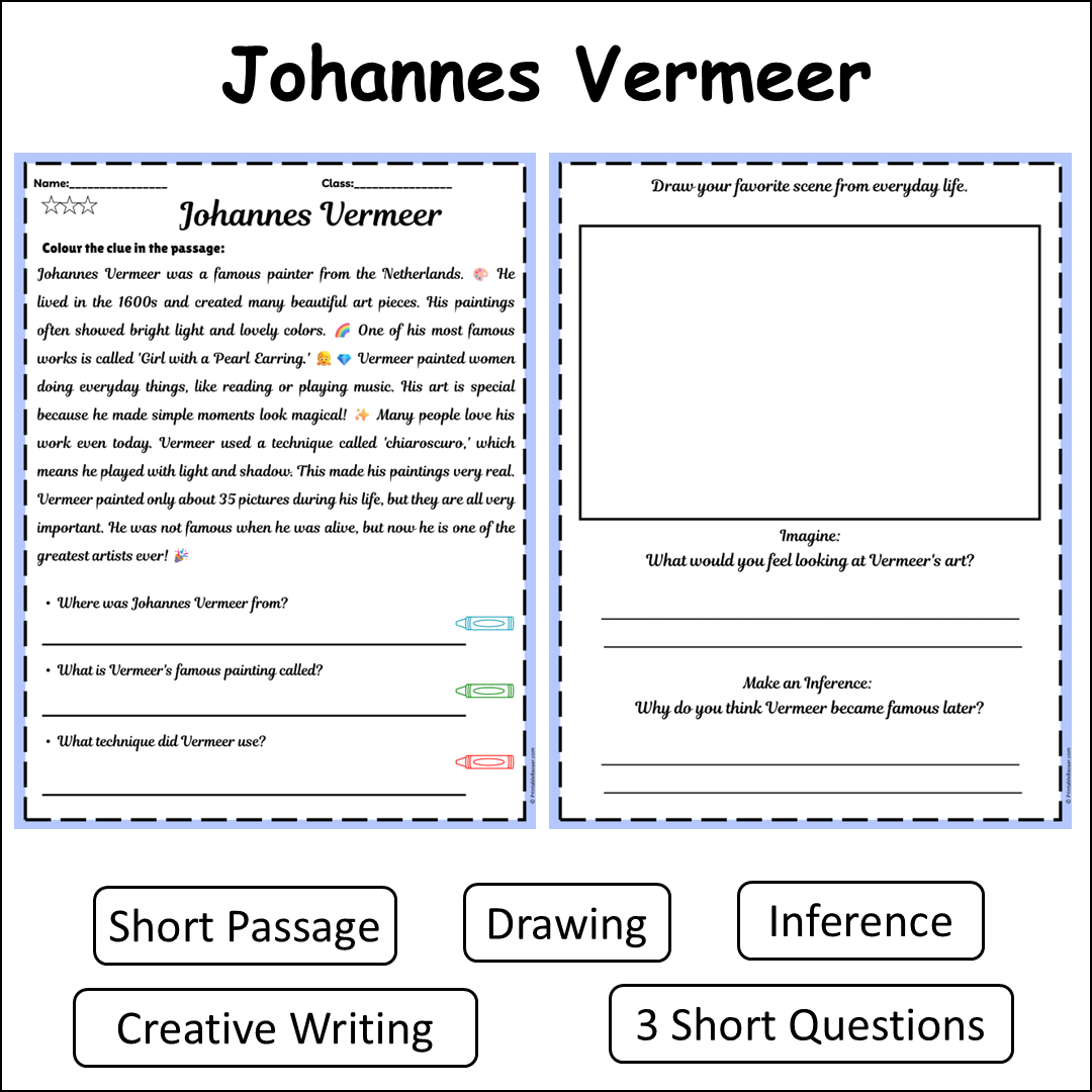 Johannes Vermeer | Short Reading Comprehension Creative Worksheet