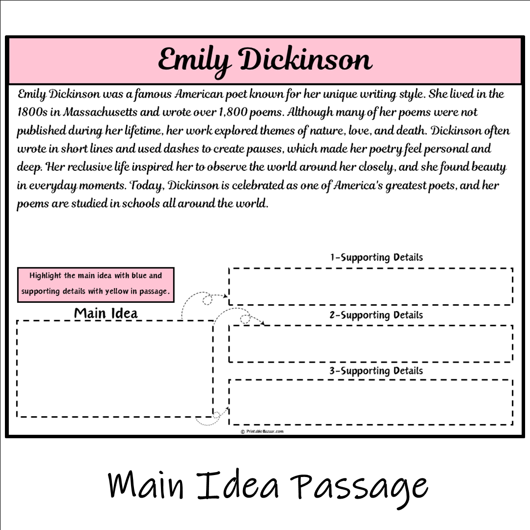 Emily Dickinson | Main Idea and Supporting Details Reading Passage and Questions