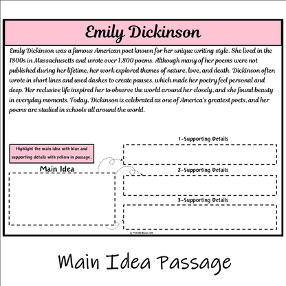 Emily Dickinson | Main Idea and Supporting Details Reading Passage and Questions