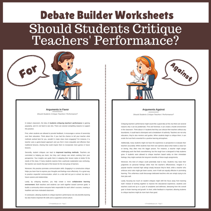 Should Students Critique Teachers' Performance? | Favour and Against Worksheet Printable Activity