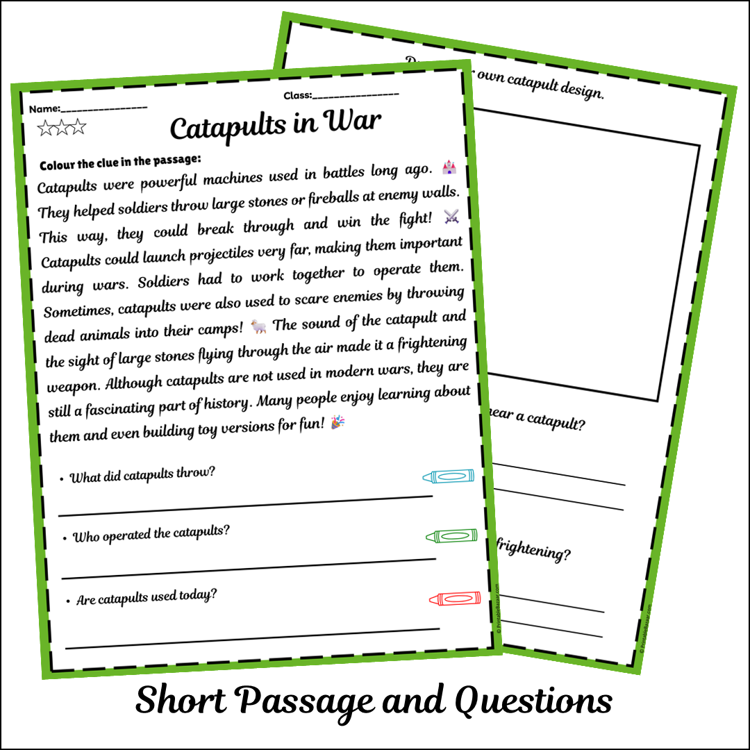 Catapults in War | Short Reading Comprehension Creative Worksheet
