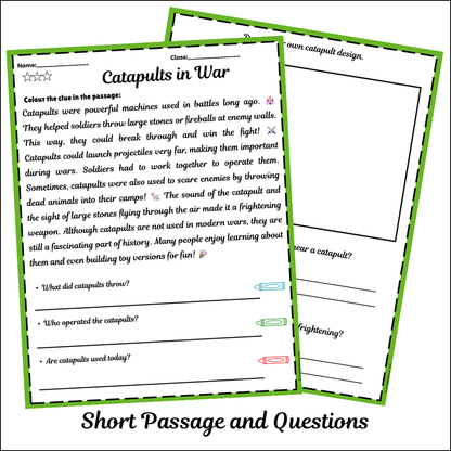 Catapults in War | Short Reading Comprehension Creative Worksheet