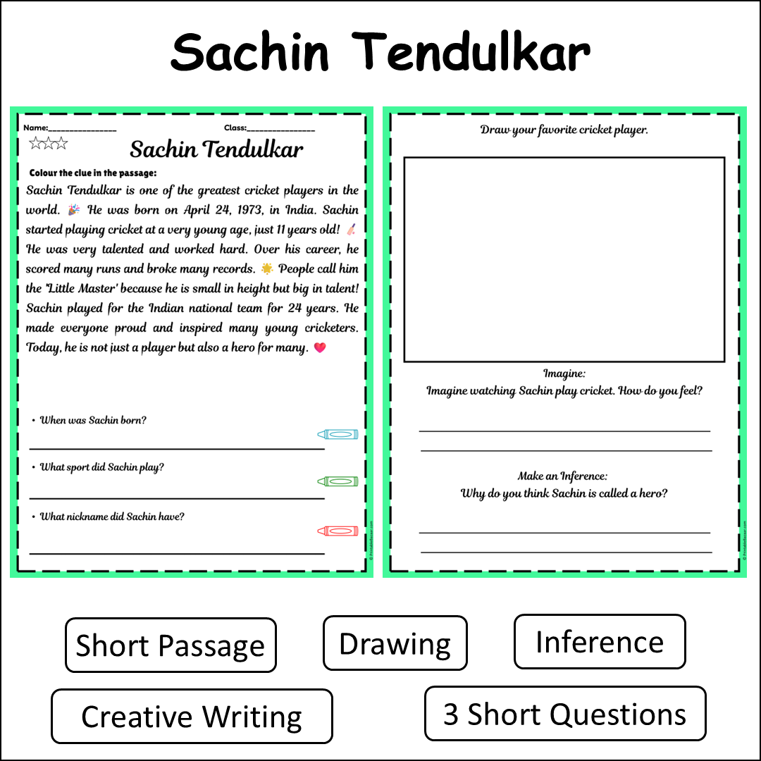 Sachin Tendulkar | Short Reading Comprehension Creative Worksheet