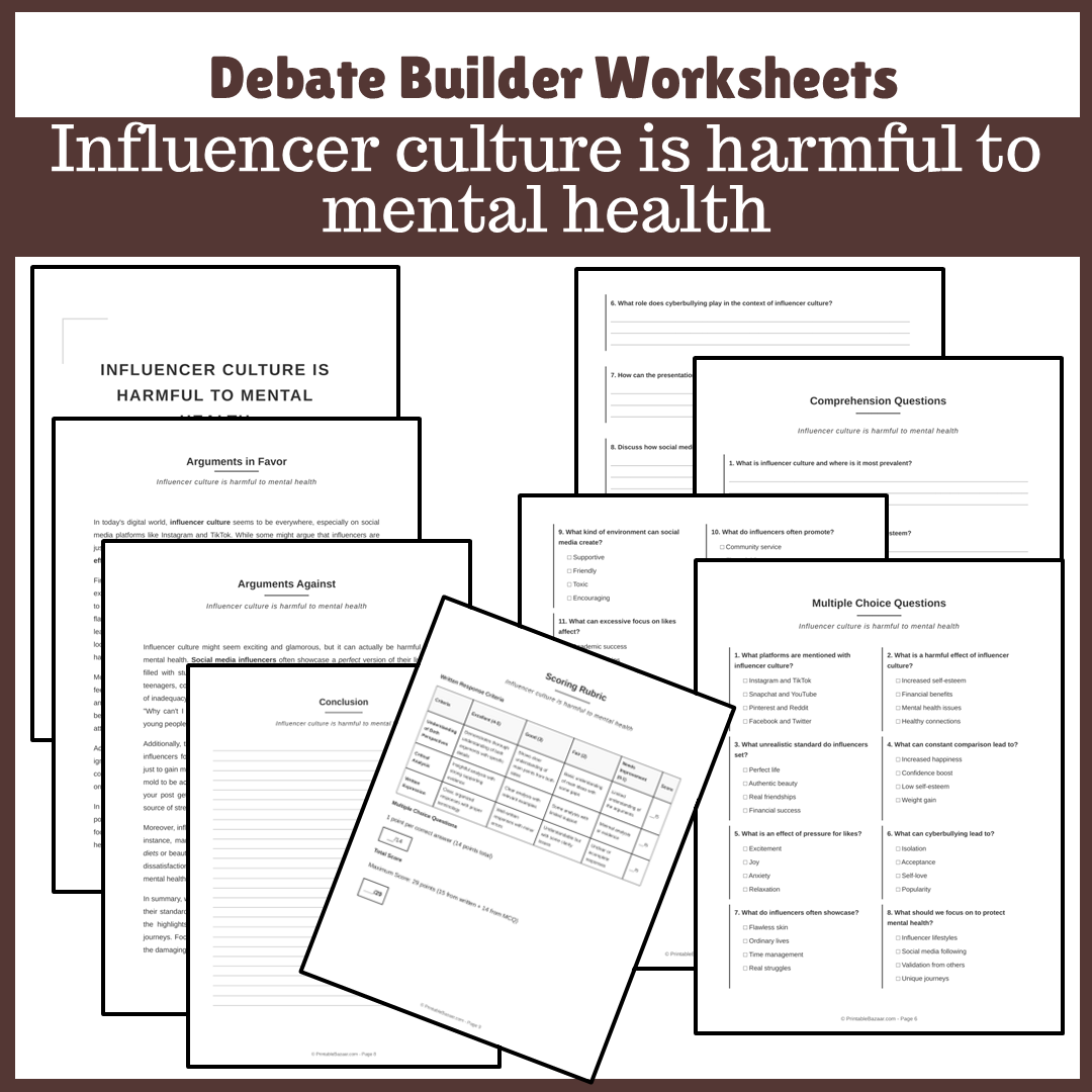 Influencer culture is harmful to mental health | Favour and Against Worksheet Printable Activity