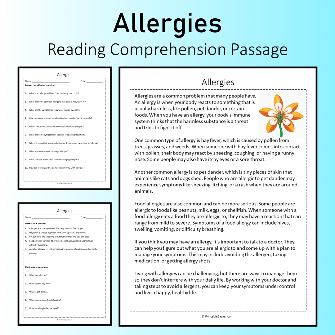 Allergies | Reading Comprehension Passage Printable Worksheet