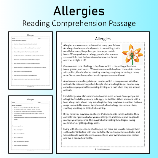 Allergies | Reading Comprehension Passage Printable Worksheet