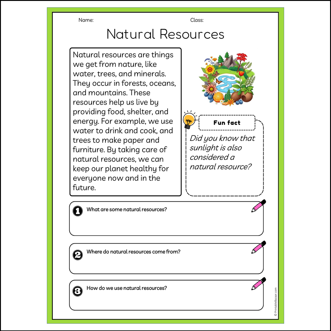 Natural Resources | Reading Passage Comprehension Questions Writing Facts Worksheet