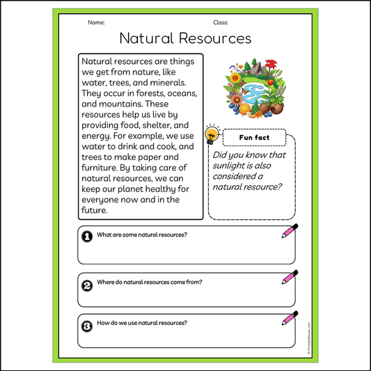 Natural Resources | Reading Passage Comprehension Questions Writing Facts Worksheet