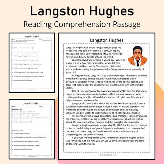 Langston Hughes | Reading Comprehension Passage Printable Activity