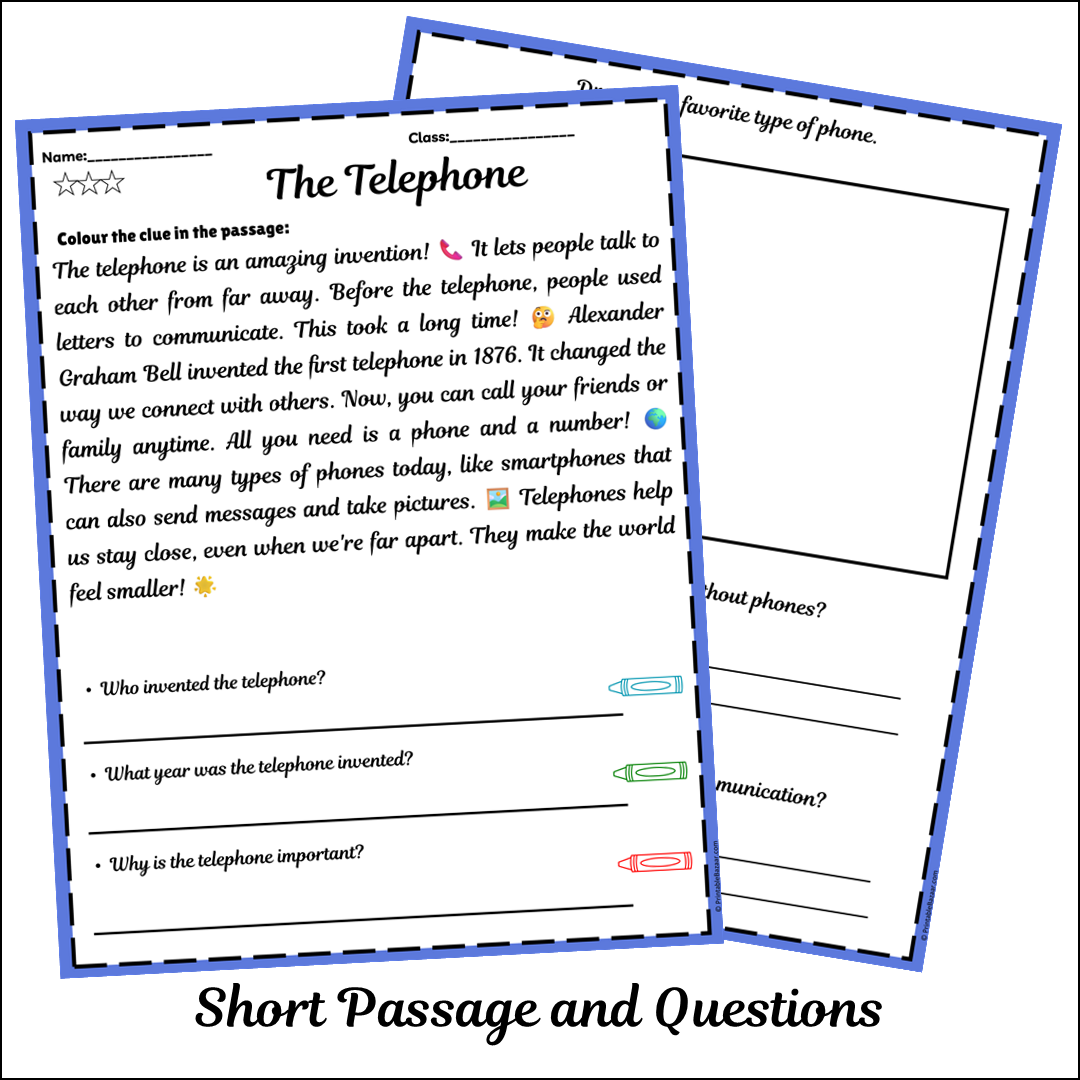 The Telephone | Short Reading Comprehension Creative Worksheet