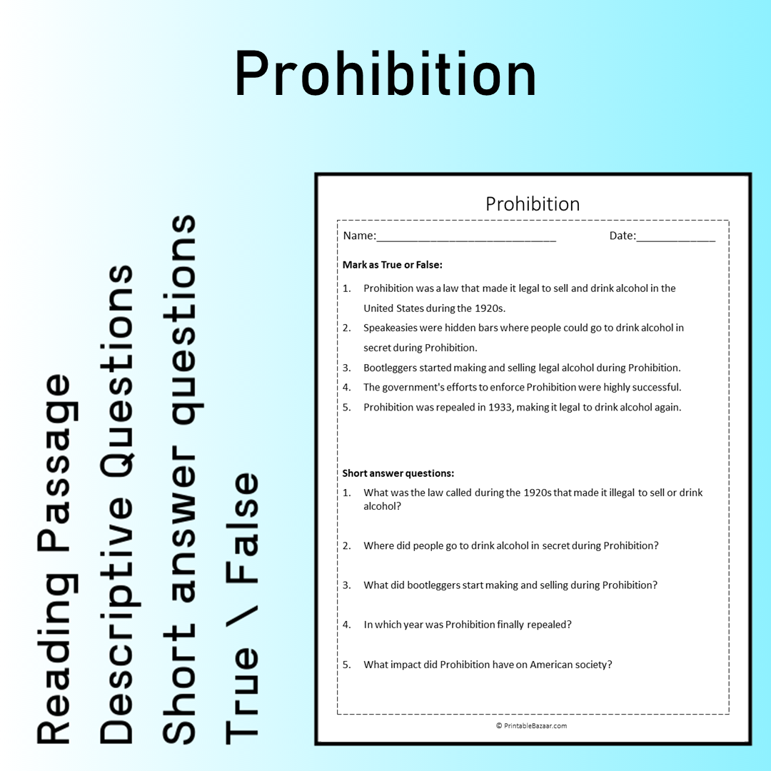 Prohibition | Reading Comprehension Passage Printable Worksheet
