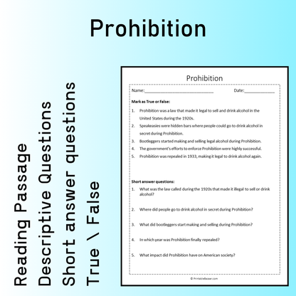 Prohibition | Reading Comprehension Passage Printable Worksheet