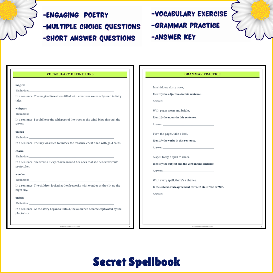 Secret Spellbook | Poem Grammar Worksheet Printable Activity