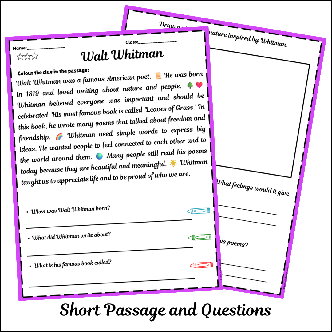 Walt Whitman | Short Reading Comprehension Creative Worksheet