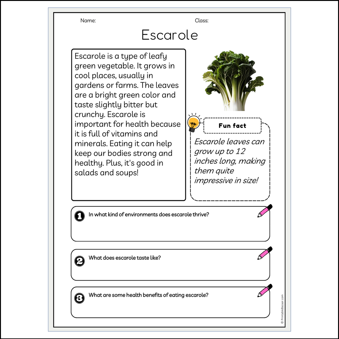 Escarole | Reading Passage Comprehension Questions Writing Facts Worksheet