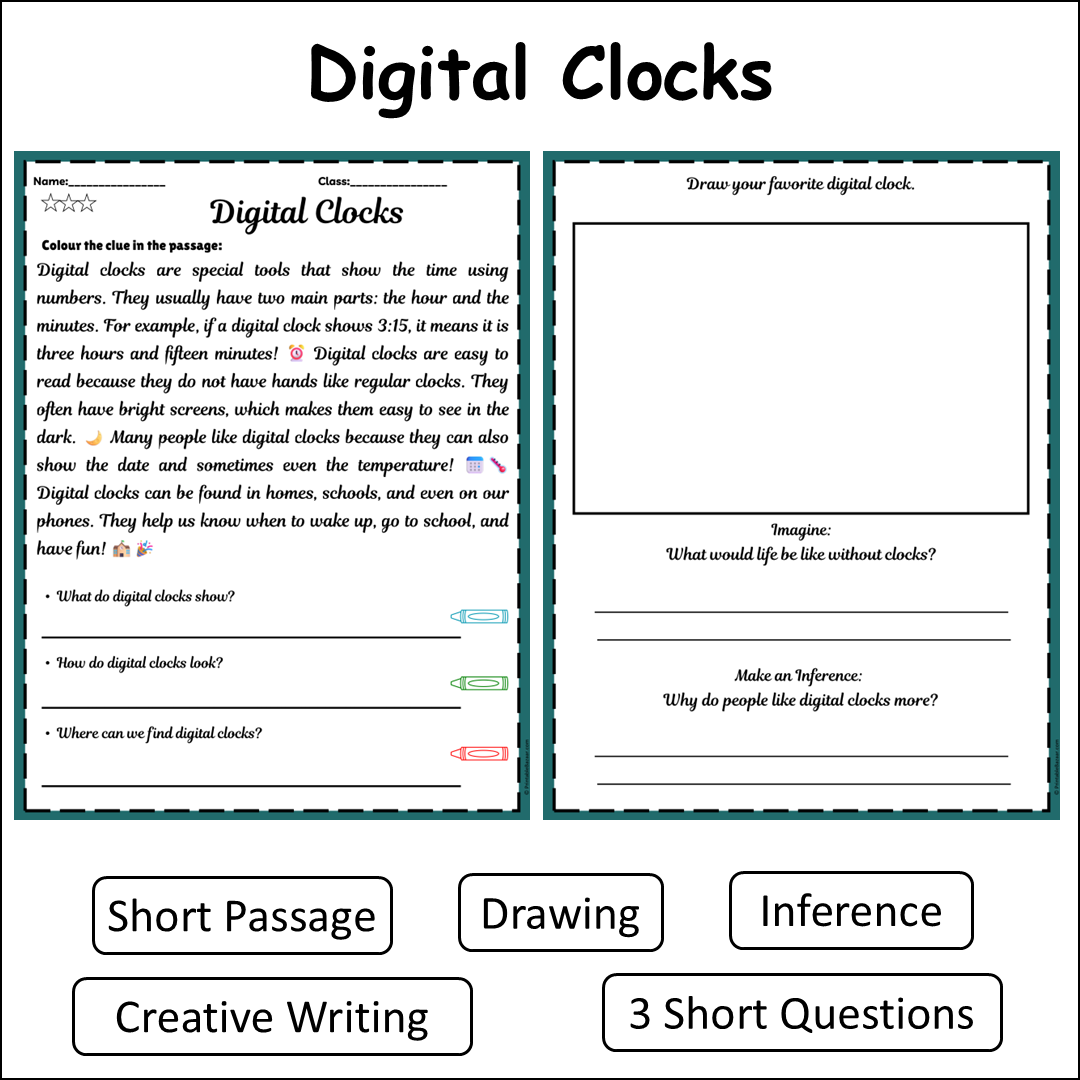 Digital Clocks | Short Reading Comprehension Creative Worksheet