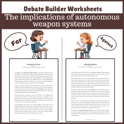 The implications of autonomous weapon systems | Favour and Against Worksheet Printable Activity