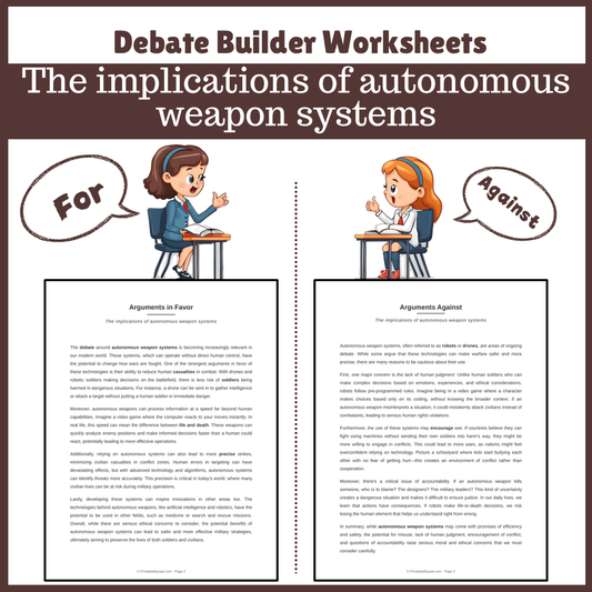 The implications of autonomous weapon systems | Favour and Against Worksheet Printable Activity