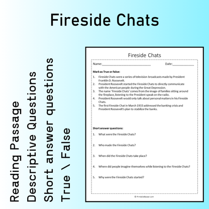 Fireside Chats | Reading Comprehension Passage Printable Worksheet