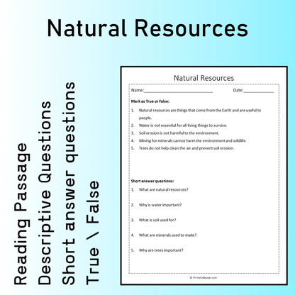 Natural Resources | Reading Comprehension Passage Printable Worksheet