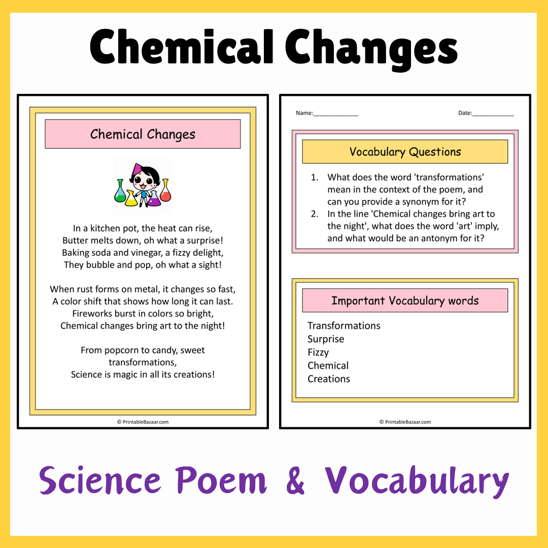 Chemical Changes | Science Poem Reading Comprehension Activity