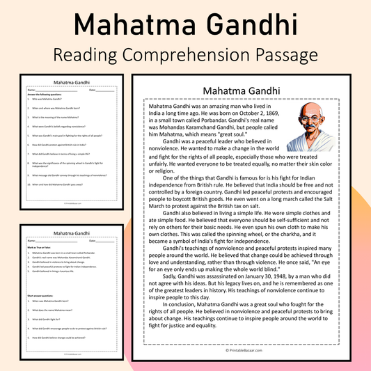 Mahatma Gandhi | Reading Comprehension Passage Printable Activity