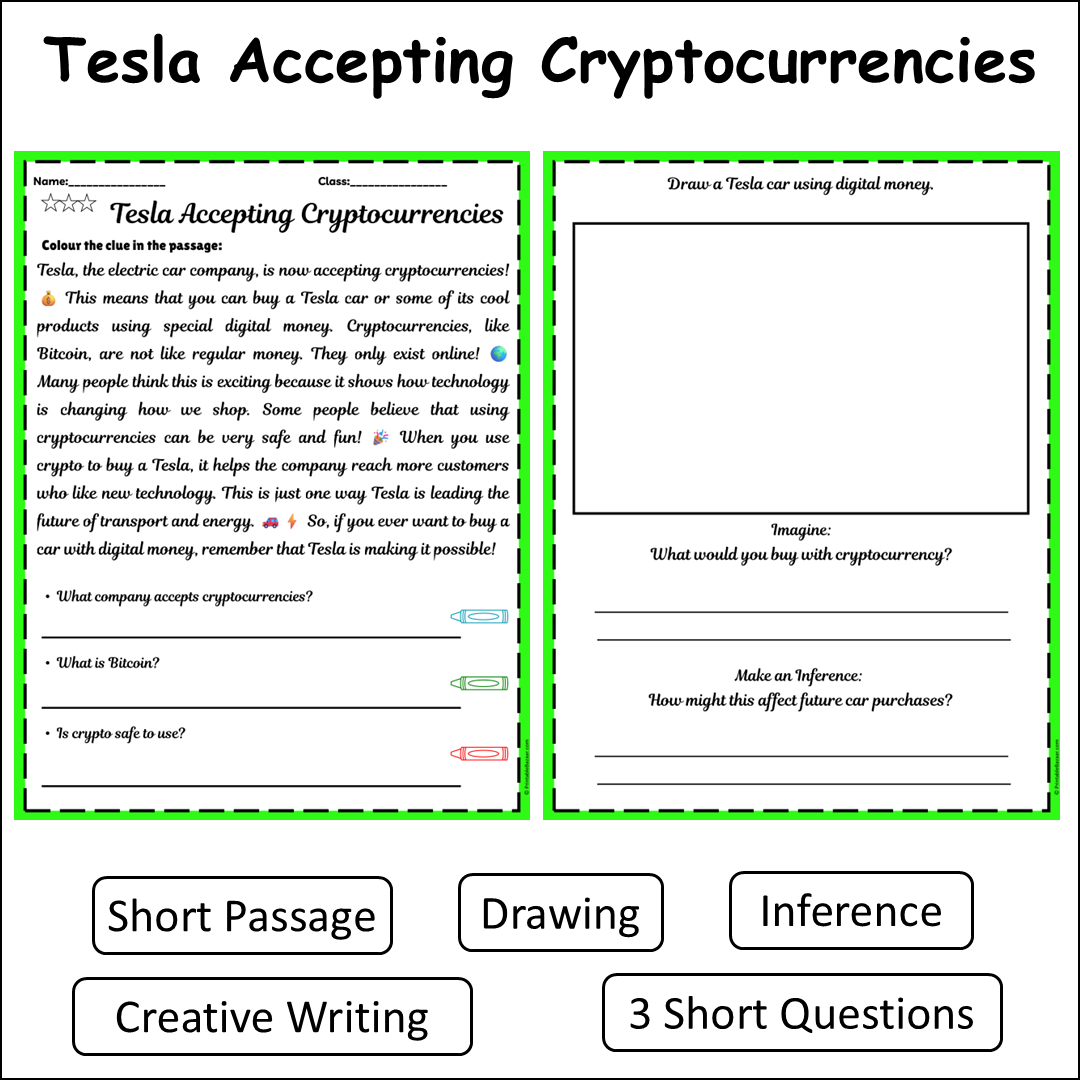 Tesla Accepting Cryptocurrencies | Short Reading Comprehension Creative Worksheet