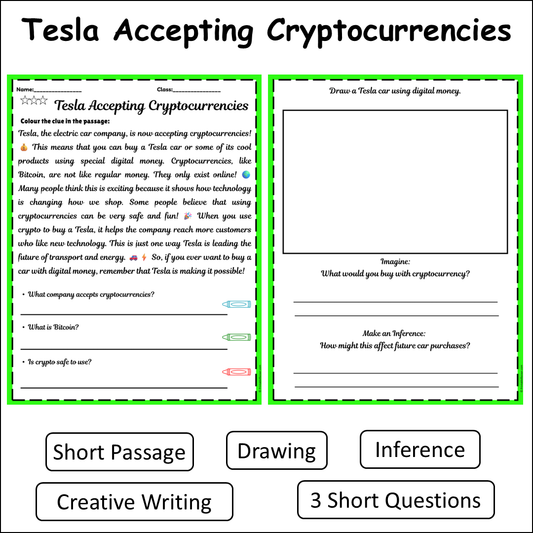 Tesla Accepting Cryptocurrencies | Short Reading Comprehension Creative Worksheet