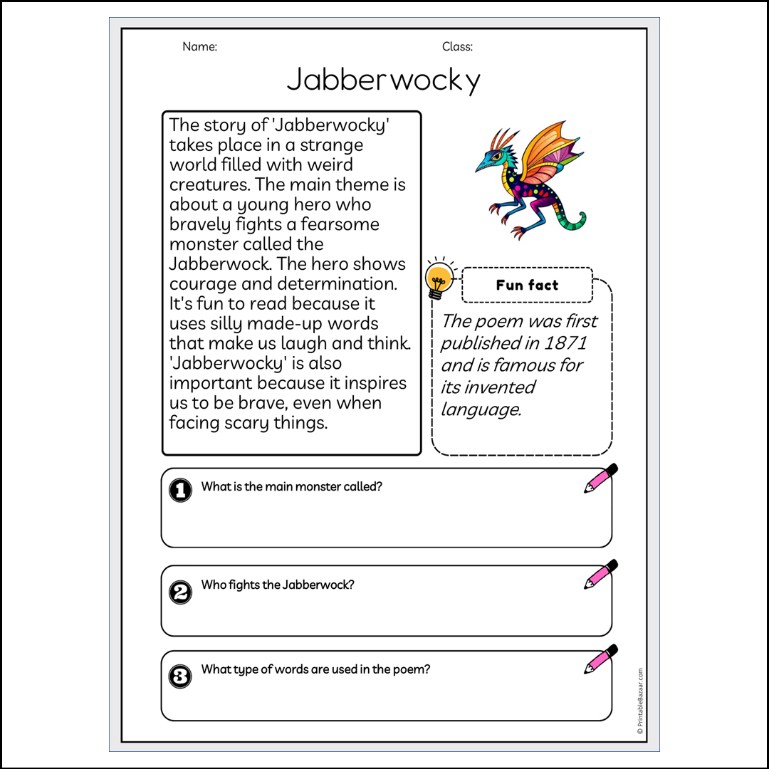 Jabberwocky | Reading Passage Comprehension Questions Writing Facts Worksheet